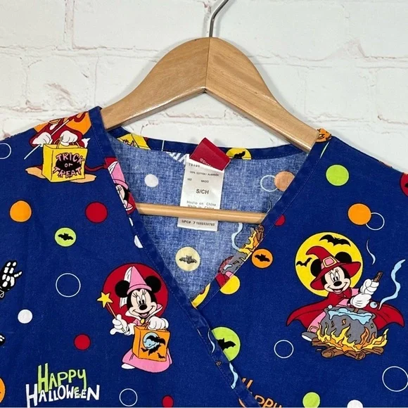 Disney Halloween Mickey Mouse Minnie Scrub Top Women’s Small Blue V Neck - Picture 3 of 11
